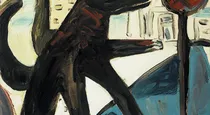 Man on dog crossing road